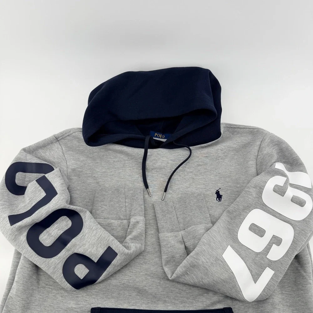 Polo Ralph Lauren Colorblock Hoodie Graphic Sleeve Pullover Gray Navy Large